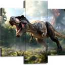 Cawpom Dinosaur Wall Art Roaring T-Rex Wall Decor Tyrannosaurus T Rex Picture Frame Dino Poster Jurassic Canvas Print Prehistoric Forest Painting Home Living Room Decoration(60x32 inches)