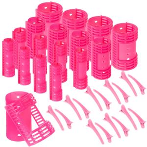WILLBOND 65 Pieces Rollers Plastic Rollers Hair Curlers Set 4 Sizes for Long Medium Short Hair, Duck Clips Hairnet Hairdressing Styling Tool(Pink)