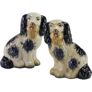 Hand-Painted Porcelain Dog Figurines Pair of Dark Blue Dog Figurines with Flowers in Mouth,Ceramic Dog Collectibles for Home Decoration,Unique Gifts