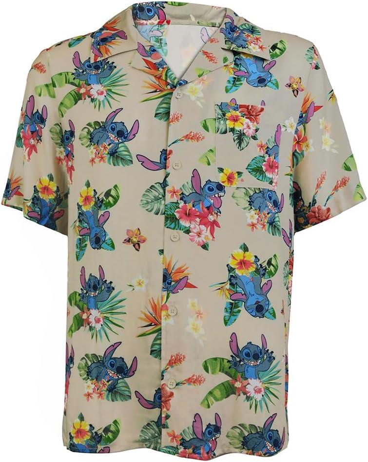Disney Lilo and Stitch Men's Stitch Tropical Hawaiian Button Up Shirt (XX-Large, Khaki)