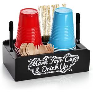 Goaste Double Disposable Cup Holder with Marker Slot, Wooden Mark Your Cup and Drink Up Caddy, Countertop Party Cup Dispenser for Parties Home Decoration, Wedding, Office, Housewarming