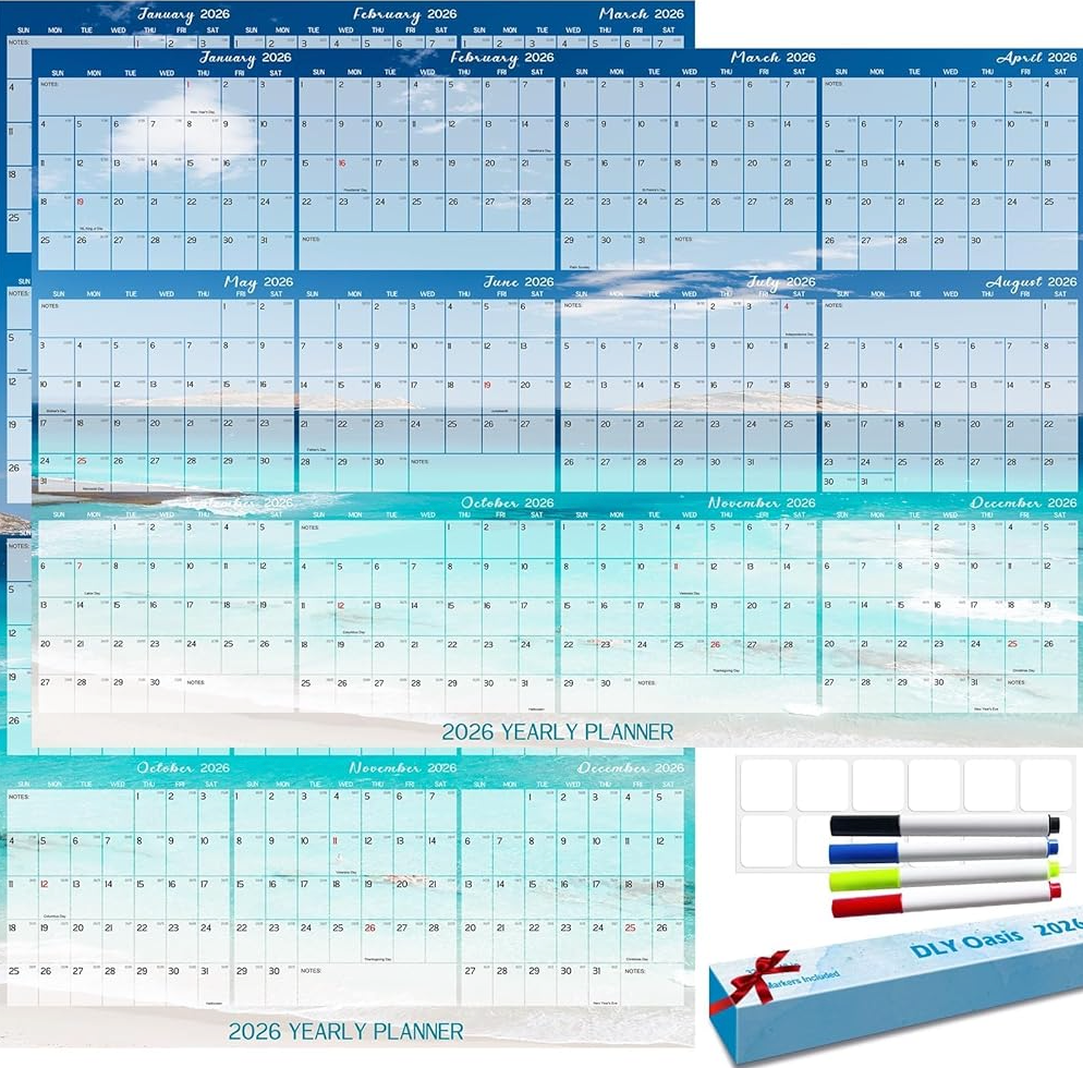 32" x 48" 2026 Wall Calendar Dry Erase  Large Rolled Beach Wall Calendar Wet & Dry Erasable Laminated 12 Month Annual Yearly Planner, Reversible, Horizontal/Vertical, Blue