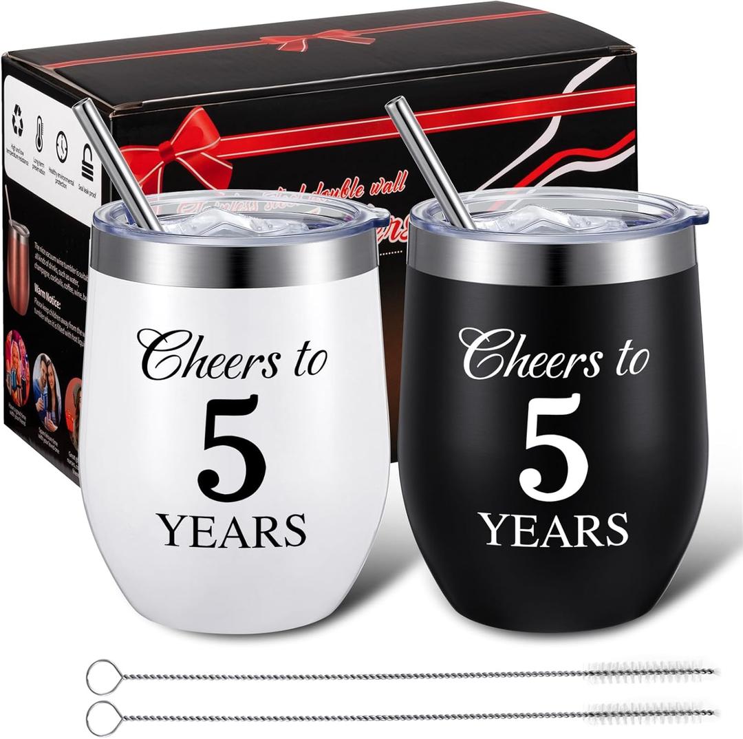 Domensi 2 Pcs 5th Anniversary Wedding Gifts Tumblers Cheers to 5 Years Cups for Wife Husband Parents Couple Birthday Party Gifts for Men Women 20 oz Tumblers with Lids and Box