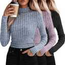 3 Pack Women's Mock Turtleneck Sweaters, Long Sleeve Ribbed Knit Tops Fit Soft Thermal Underwear, Lightweight Spring Pullover (Light Blue, Light Purple, Black), Size Small