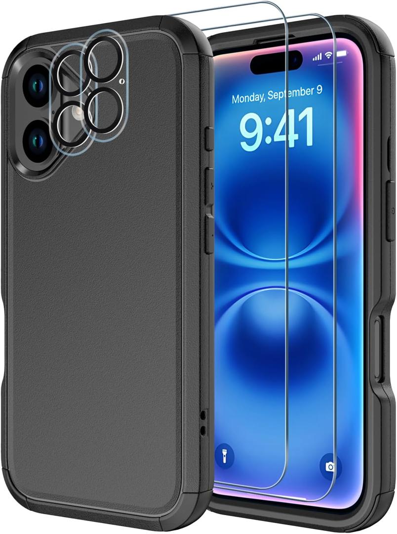 Diverbox for iPhone 16 Case [Shockproof] [Dropproof] [Tempered Glass Screen Protector + Camera Protectors] Heavy Duty Protection Phone Case Cover for Apple iPhone 16 (Black)
