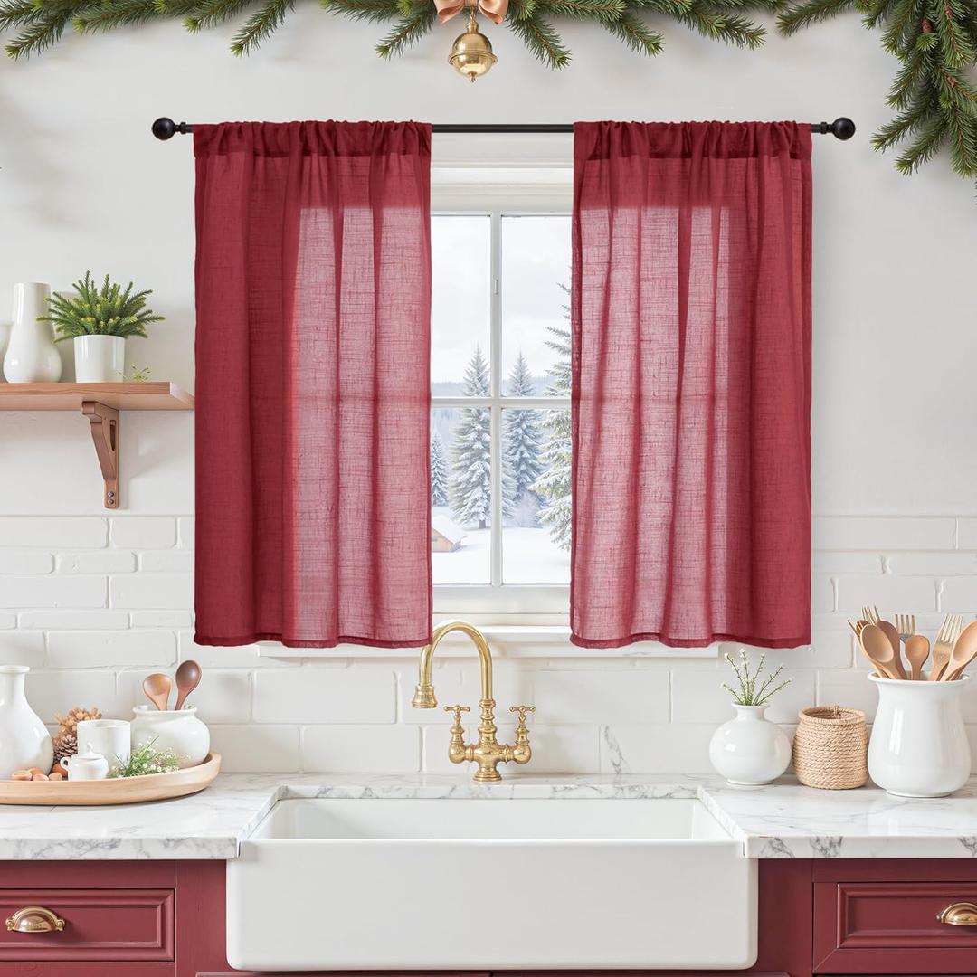BGment Linen Burgundy Curtains 40 Inch Length for Kitchen Window, Small Semi Sheer Drapes for Cafe Over Sink Bathroom Lightweight Rod Pocket Light Filtering, 2 Panels Set, Each 30 Inch Wide