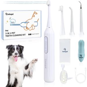 Bobopal Dog Tooth Brushing Kit,3-in-1 Dog Teeth Cleaning Tools,Ultrasonic Electric Toothbrush & Plaque Remover for Dogs with Water Flosser for Teeth,2 Modes & 3 Intensity Levels,IPX7,1100mAh Battery