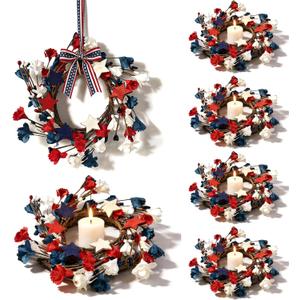6 Pcs Mini 4th of July Candle Ring Wreaths Patriotic Red White and Blue Artificial Pillar Candle Holder Wreath for Farmhouse Independence Day Memorial Day Porch Front Door Cabinets Table Decoration