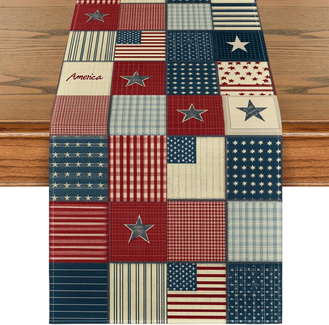 Artoid Mode Checkered Stars Stripes 210 GSM 4th of July Table Runner, Memorial Day Kitchen Dining Table Decoration for Home Party Decor 13x72 Inch