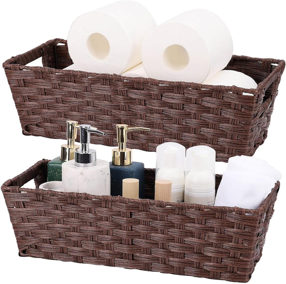 Plastic Wicker Storage Baskets - Toilet Tank & Bathroom Baskets, Woven for Organizing, Brown, 15" x 6" x 4", 2-Pack
