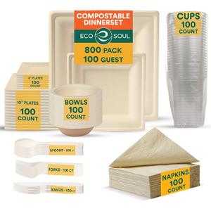 ECO SOUL 800 Pcs Compostable Dinnerware Set For 100 Guests, 100 Pcs Each Of Eco-Friendly White Disposable Paper Plates Of 10"" & 6"", Cutlery, Napkins, 16 oz Bowls & 16 oz Cups Set For Party & Picnic