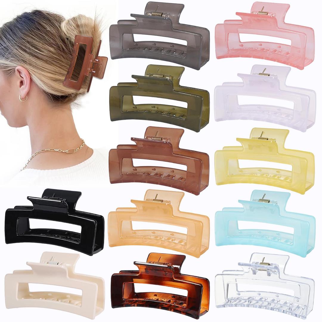 12 Pack Medium Square Claw Hair Clips, 3.5 x 2 x 1.1 inch, Shiny, 12 Colors, Hair Accessories for Women and Girls, Rectangular Rectangle Jaw Clips for Thick and Thin Hair Securing, 12 Pieces (Jelly)