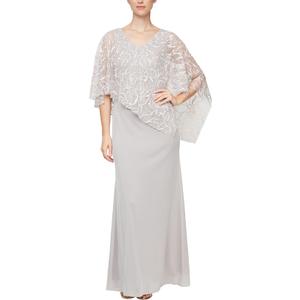 S.L. Fashions Women's Long Floral Shimmer Overlay Cape Gown, Formal Event, Wedding Guest Dress Size 14