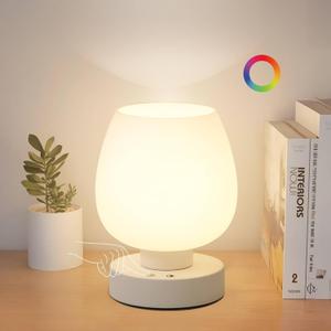 KARTOOSH Cordless Touch Bedside Table Lamp, Rechargeable Battery Operated Desk Lamps with 8 RGB Colors, Dimmable Small Glass Nightstand Light for Living Room Bedroom Kitchen Counter