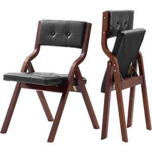 VEVOR Wooden Folding Chairs with Leather Cushion, Set of 2, Portable Foldable Cushion Chair with Wooden Frame, Easy Assembly, Modern Leather Padded Dining Chair for Office, Wedding, Party, Home, Black