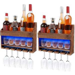 2 Pack Wooden Wine Rack Wall Mounted with LED Light, Wall Wine Rack, Bar Liquor Shelf, Wine Glass Holder Wall Mounted, Floating Bar Shelves for Kitchen, Dining Room, Home Bar