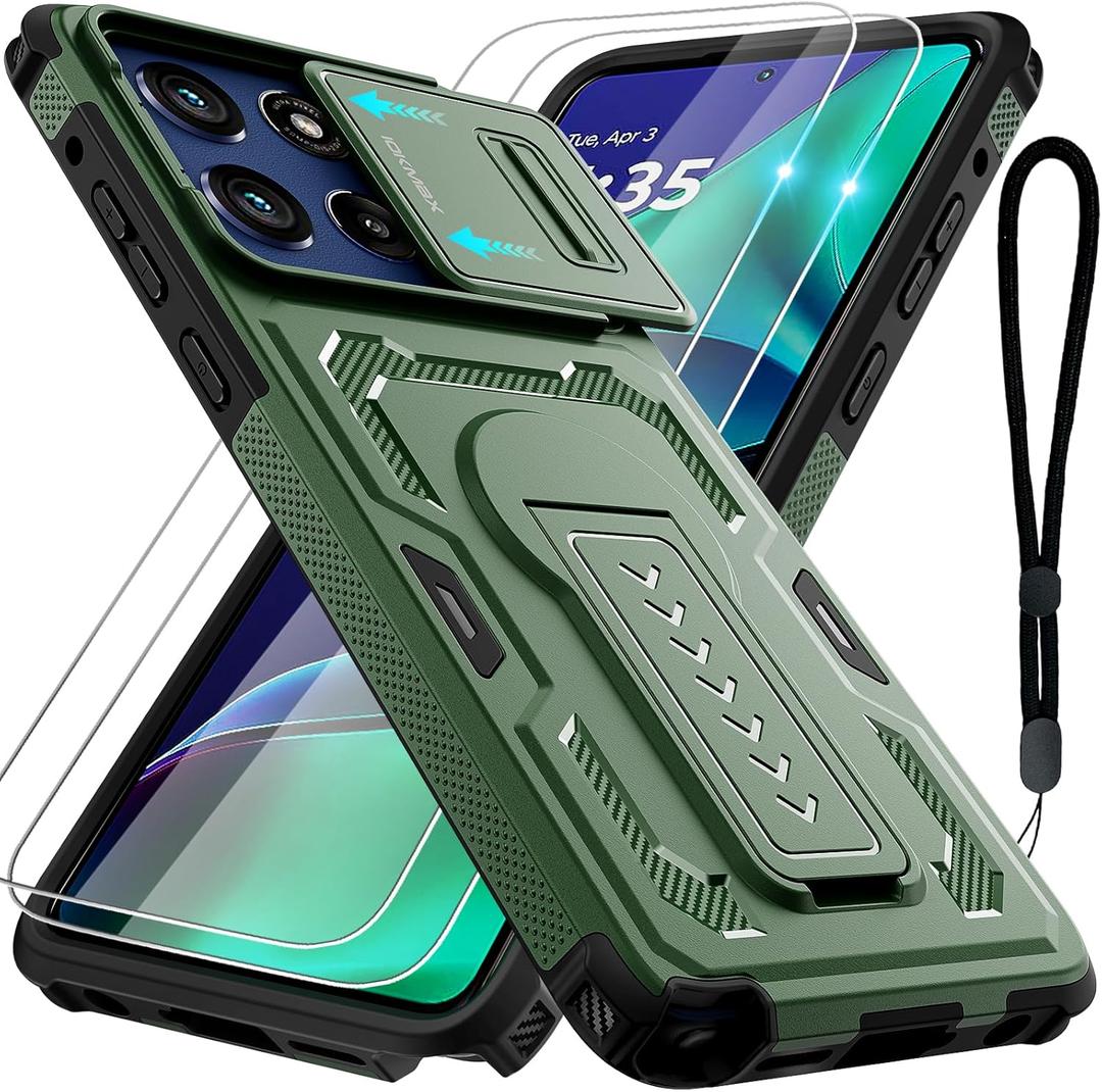 For Motorola Moto G Stylus 5G 2025 Case with 2 Pack Screen Protector, Upgrade Slide Camera Cover & Kickstand, Lanyard Strap, Military Grade Shockproof Heavy Duty Robust Bumper Phone Case, Green