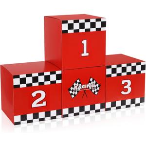 Zhanmai 4 Pcs Large Racing Car Party Boxes 11.8 x 11.8 Inch Goodie Checkered Boxes for Birthday Decor Truck Theme Race Car Podium Centerpiece Decorations Cardboard Party Favors(Red)