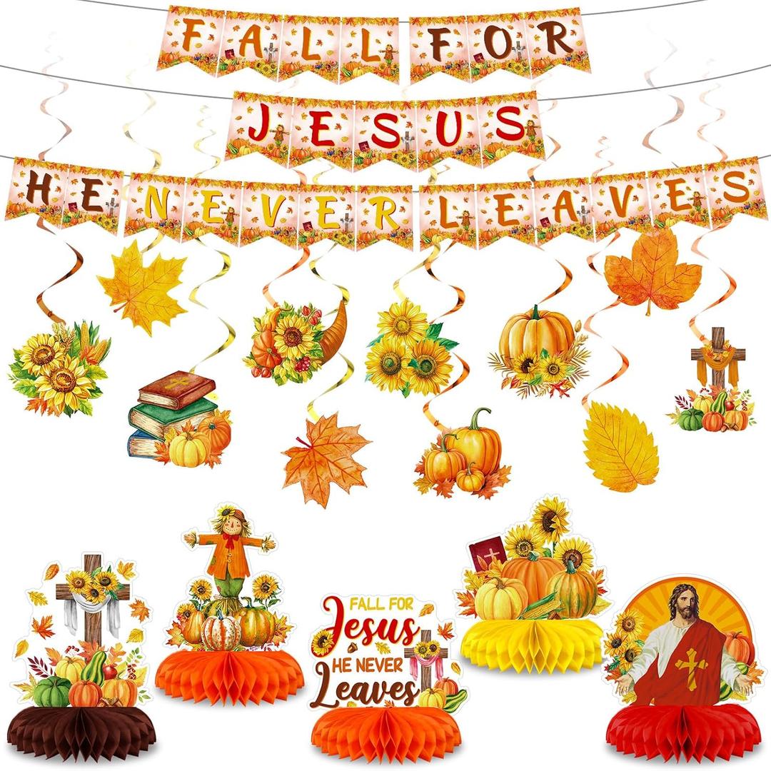 Blosssound 29 Pack Fall for Jesus He Never Leaves Decorations Fall Hanging Swirls Banners Thanksgiving Christian Pumpkin Centerpieces for Autumn Christian Religious Birthday Party Decor Supplies