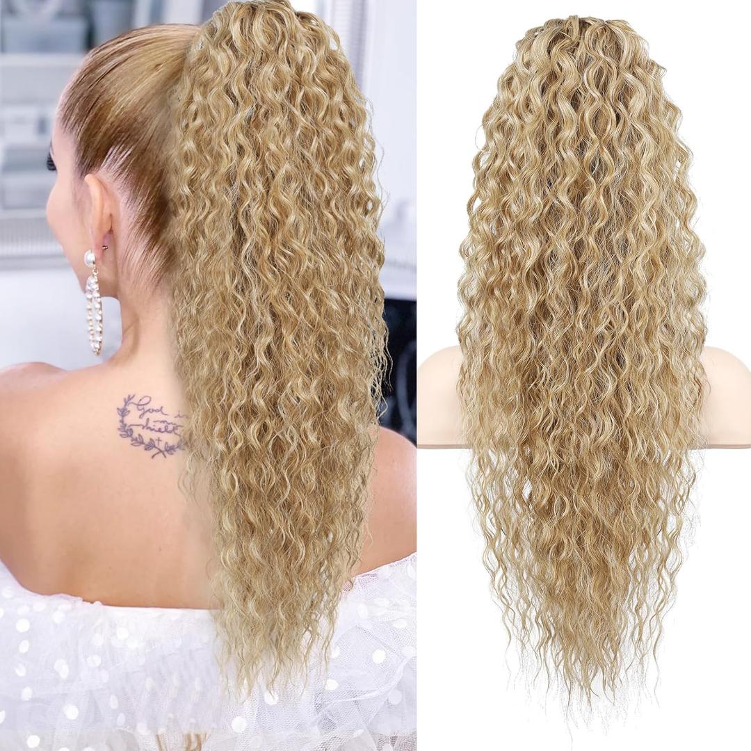 Flufymooz Ponytail Extension, 26 Inch Bohemian Style Drawstring Ponytail Hair Extensions for Women, Long Curly Wavy Pony Tail Natural Synthetic Hairpiece for Women (Golden Blonde with Highlights)