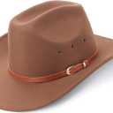 AQOKKA Western Cowboy Hats for Women Classic Felt Wide Brim Fedora Hat with Belt Buckle Retro Panama Hat Unisex Rolled up Cap