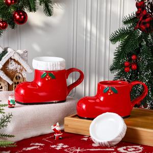 Tiangrid 2 Sets Christmas Coffee Mugs with Lids Ceramic Boot Shaped Gift Mug 15oz Merry Christmas Ceramic Gifts for Hot Chocolate Drinking Holiday Seasonal Xmas Party Decoration