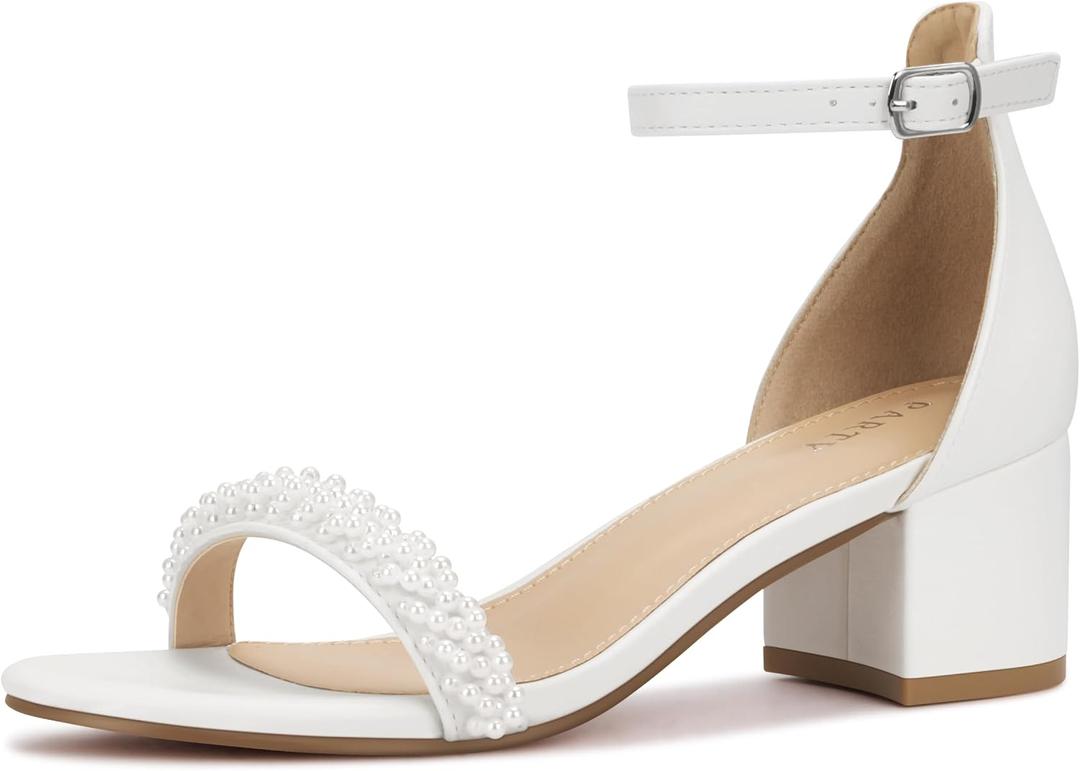 PARTY Women's Open Toe Ankle Strap Low Block Chunky Heels Sandals (White), Size 11