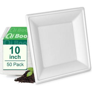 Square Paper Plates 10 Inch [50-Pack] Compostable Eco Friendly Disposable Plates Heavy Duty, Biodegradable Recycled Bagasse Plates, Large Paper Dinner Plates, Sturdy White 10" Plate