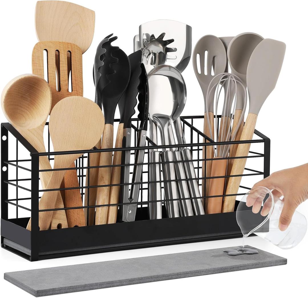 Large Utensil Holder for Kitchen Counter:Kitchen Cooking Utensil Holder Organizer with Diatomaceous Earth Base Matte Black (4 Compartments)