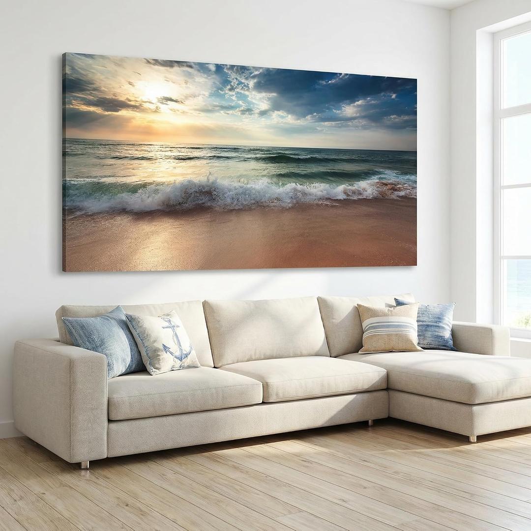 HUADAOART Ocean Beach Sunset Canvas Wall Art Coastal Seascape with Waves, Large Panoramic Print 30 x 58 in Artwork for Living Room Bedroom Office Decor Ready To Hang 1PCS, 41