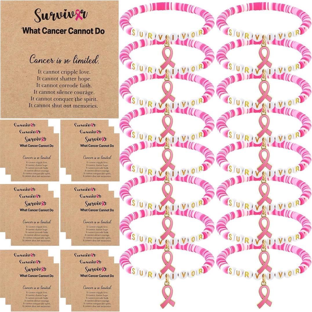 12/24 Set Breast Cancer Survivor Bracelets Heishi Clay Breast Cancer Awareness Accessories with Inspirational Card Pink Ribbon Party Favor Gifts for Women Best Friend