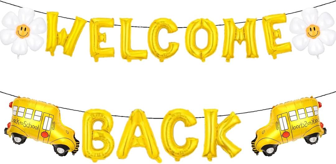 3 x Welcome Back Balloons Banner - 16 Inch Large Foil Letter Balloons with School Bus & Daisy Design, Back to School Decorations for Classroom, Office, First Day of School Party Supplies