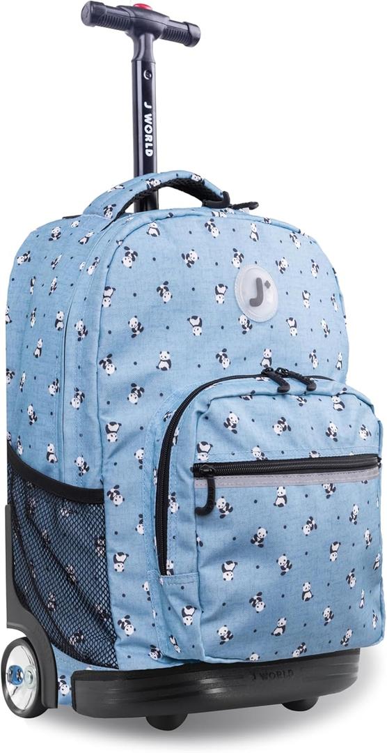 J World Sunrise Kids Rolling Backpack for Girls Boys. Roller Bookbag With Wheels For School, Panda, 18 x 13 x 9 inches