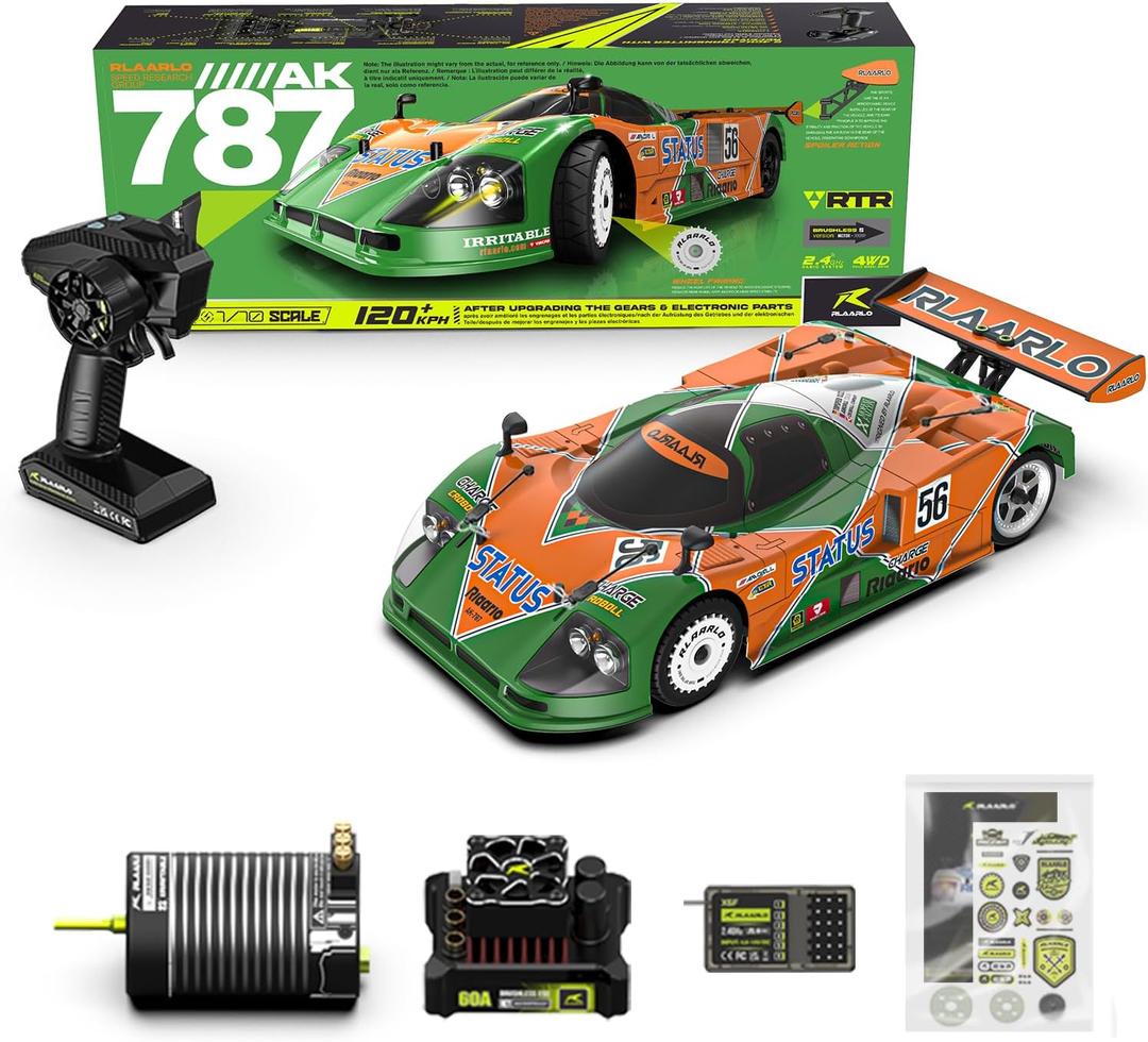 AMORIL RLAARLO 1:10 AK-787 Fast Brushless RC Cars,Top Speed 120KM/H Large Remote Control Cars with 6 Lights for Adults,4x4 On-Road Hobby Racing Vechile with Aluminum Shaft,Rubber Tire,Green