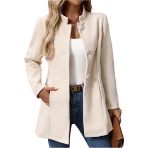 GORGLITTER Women's Button Up Long Sleeve Blazers Jackets Casual Fall Winter Mock Neck Fuzzy Business Work Office Coats (Medium, Khaki)