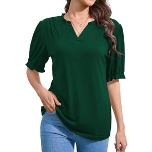 Womens Puff Short Sleeve Tops Summer V Neck Ruffle Collar T Shirt Business Casual Blouse Loose Casual Tshirts (Green, L)