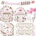 My 2nd Rodeo Birthday Supplies Tableware Set Girl, Western Cowgirl 2nd Birthday Decorations, My Second Banner Tablecloth Plates Napkins Forks for Wild West 2 Year Old Girl Serves 24 Guests