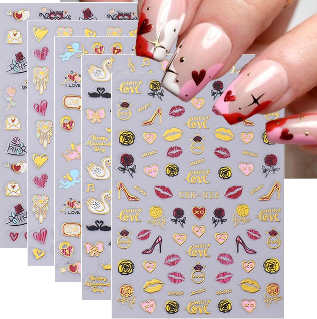 Valentine's Day Nail Art Stickers 3D Self-Adhesive Nail Decals Gold Heart Lip Rose Letter Nail Art Supplies DIY Valentine Design Manicure Nail Decoration Accessories for Women Girls 9 Sheet