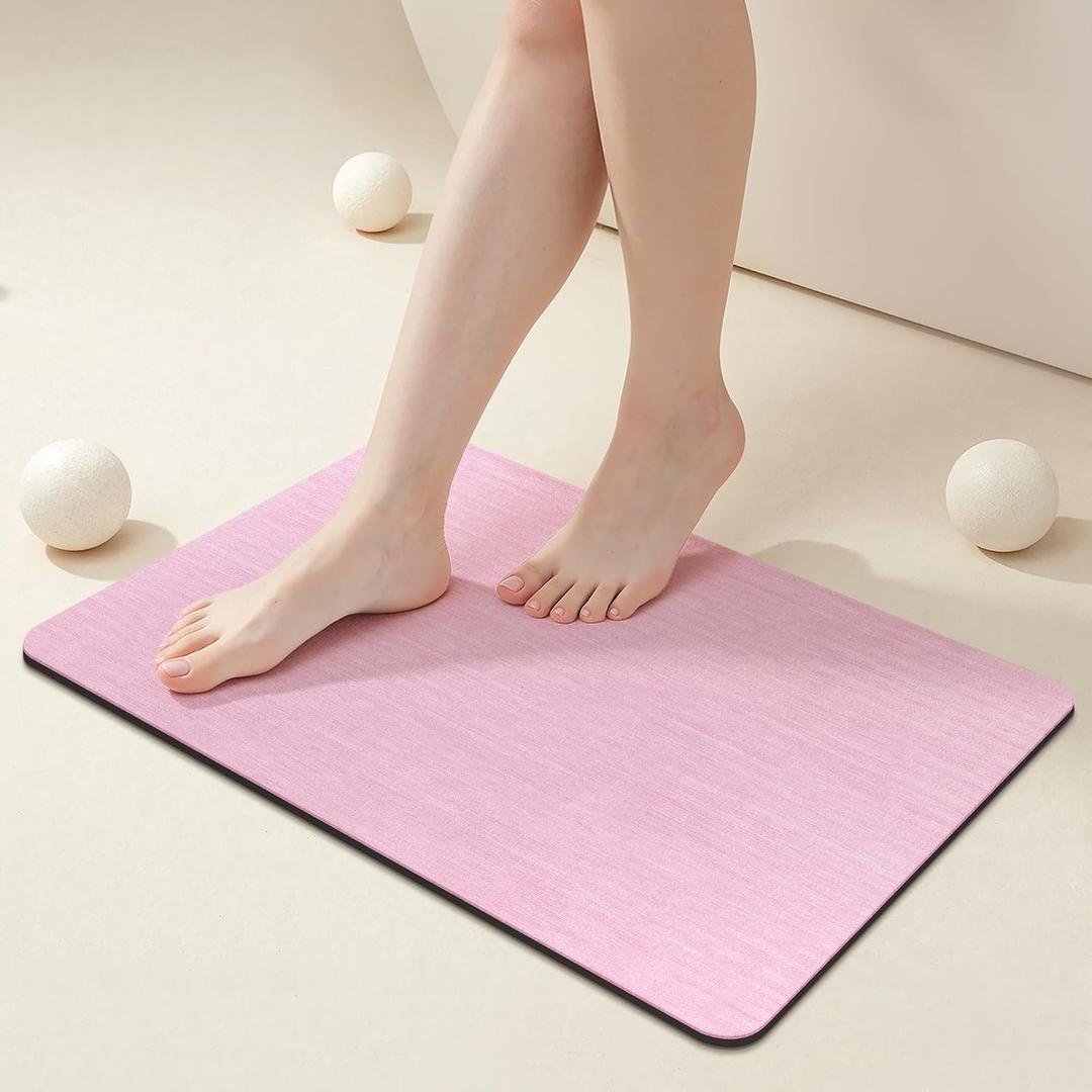 Mecko Bath Mat Rug, Ultra Thin Bathroom Rug -Rubber Non-Slip Quick Dry Absorbent Bath Mat Fit Under Door, Faux Suede Surface Bathroom Floor Mats for Bath, Shower, or Sink (Pink,16"x24")