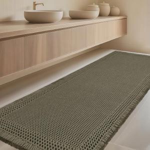 Extra Large Waffle Bath Mat, Boho Woven Modern Bath Rug Absorbent Non Slip, Ultra Soft Bathroom Mats, Machine Washable Knit Bath Rugs with Border for Bathroom, Bedroom, Kitchen, 5'x2', Olive Green