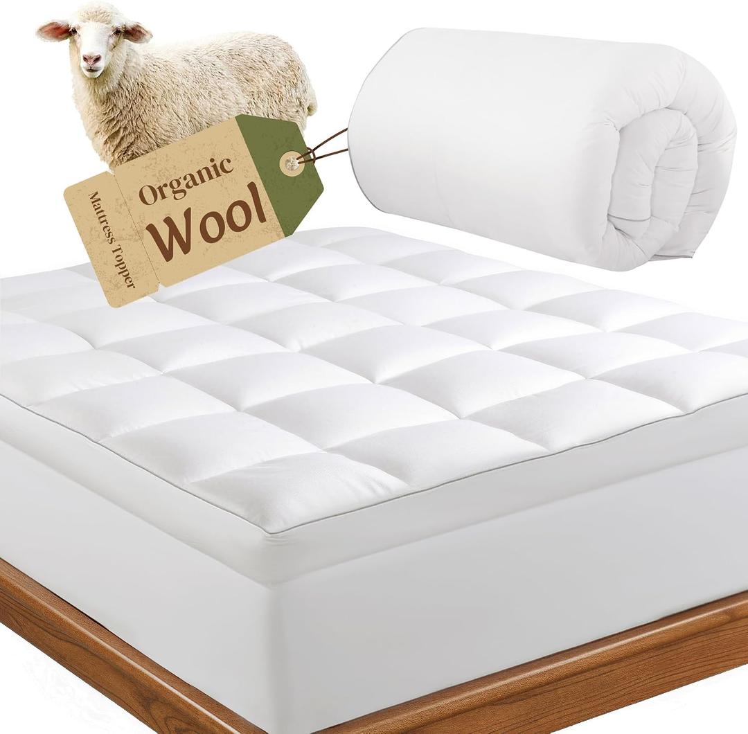 HOMBYS 2000GSM Australian Wool Mattress Topper Queen, 100% Merino Wool Fill with High-Thread-Count Cotton Shell, Extra Plush & Supportive Mattress Pad for Pressure Relief, 80"x60"