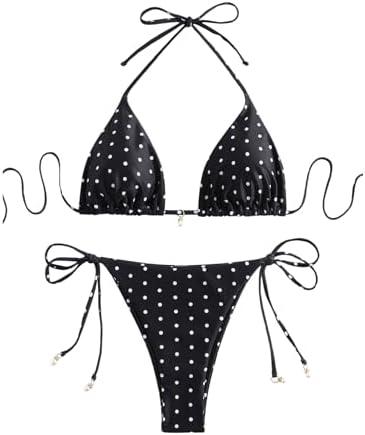 SOLY HUX Women's Polka Dots Print Bathing Suit Halter Triangle Tie Side Bikini Sets Two Piece Swimsuit S