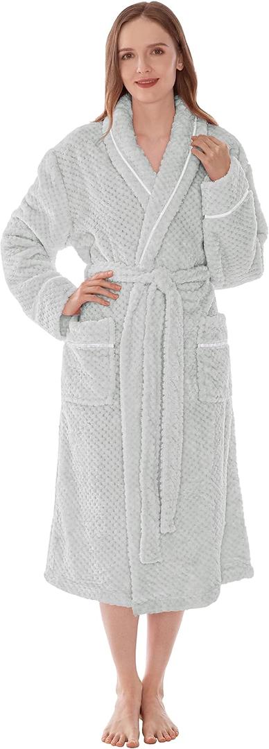 PAVILIA Women Plush Fleece Robe, Soft Textured Bathrobe, Lady Cozy Spa Long Robe (Small-Medium, Light Grey)