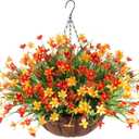 Artificial Spring Fake Flowers with Hanging Basket for Outdoor Summer Decoration, Fake Mums Silk Flowers UV Resistant Faux Flower Plants for Porch Patio Garden Balcony Outside Indoor Decor (Orange)