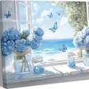 Blue Hydrangea Canvas Wall Art Beach Coastal Wall Decor 24x16in Framed
