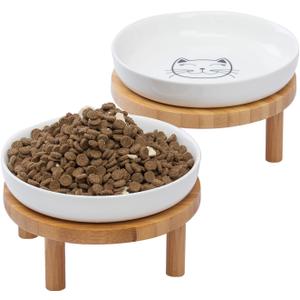 Lusifaco Shallow Elevated Cat Bowls,5.9 Inch Wide Raised Ceramic Cat Dishes with Bamboo Stand, Whisker Friendly Pet Water or Food Plates Feeding Station for Indoor Cats, Kitten(White,Set of 2)