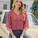 Uhiger 3/4 Length Sleeve Womens Tops V Neck Chiffon Blouse Dressy Casual Double Layered for Weekend Outings and Everyday Wear (XXL)