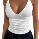 SHENHE Women's Deep V Neck Ruched Summer Spaghetti Strap Solid Fitted Camisole Tank Top (White, M)