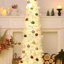5 FT Pop Up Christmas Tree with Timer Lights and Decorations, White Artificial Tinsel Christmas Tree with 24 Ball Ornaments, Collapsible Pencil Tree for Home, Office, Holiday Party