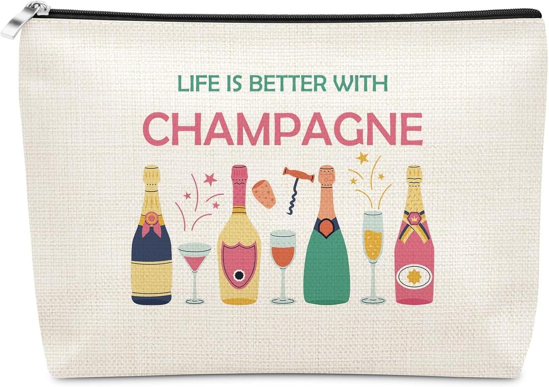 Sazuwu Champagne Lover Gift Makeup Bag Trip Gifts Housewarming Drinking Themed Gifts for Champagne Lovers Best Friends Cosmetic Bag Birthday Christmas Gift for Women Wife Zipper Pouch